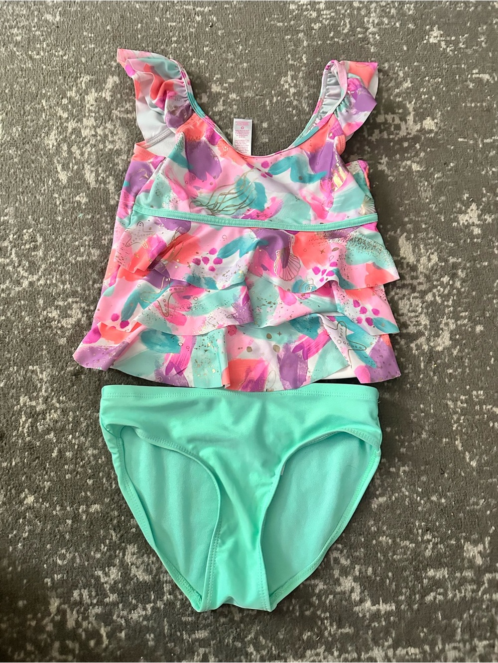 Hurley Girls' Ruffle Tankini in Mint with Multicolor Watercolor Print
